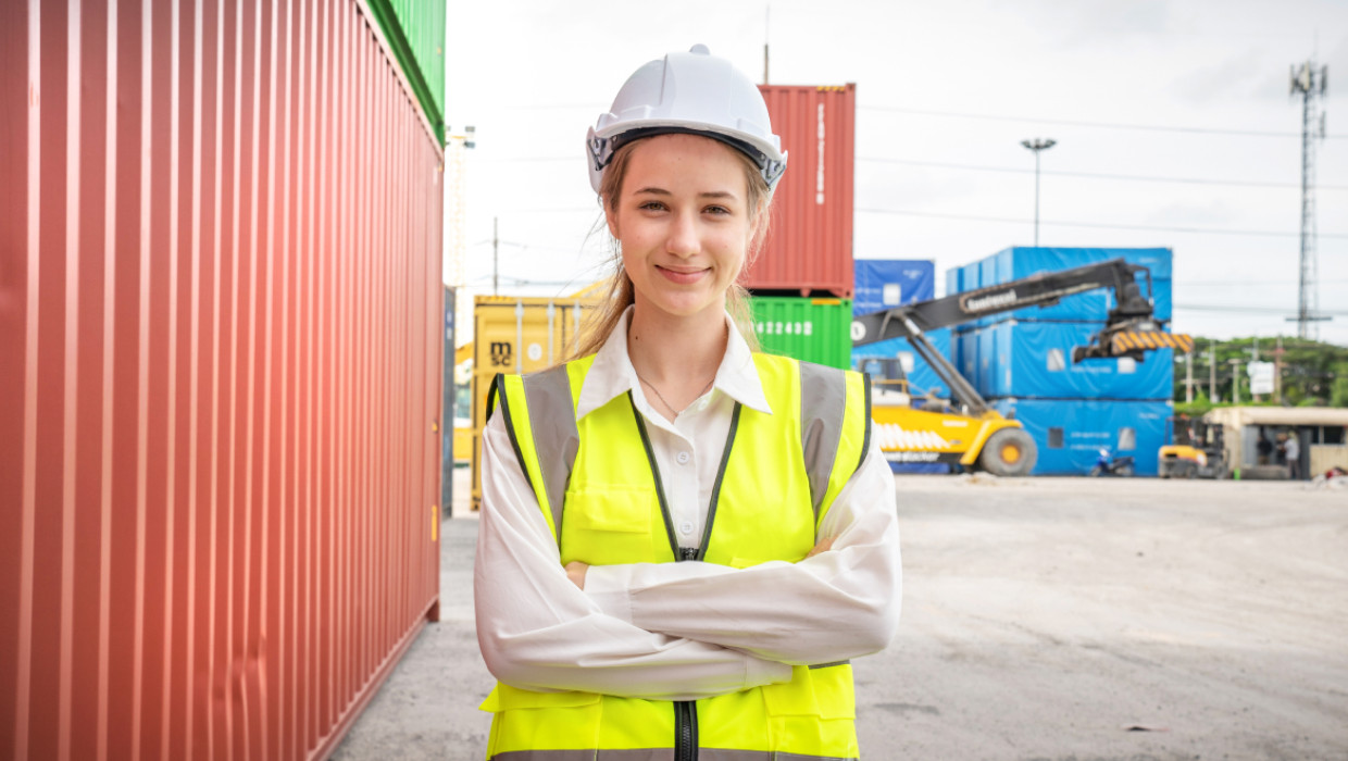 técnica con casco en muelle